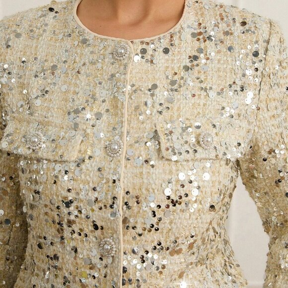 Beige Party Women's sequin detailed tweed belted blazer - Picture 3 of 6